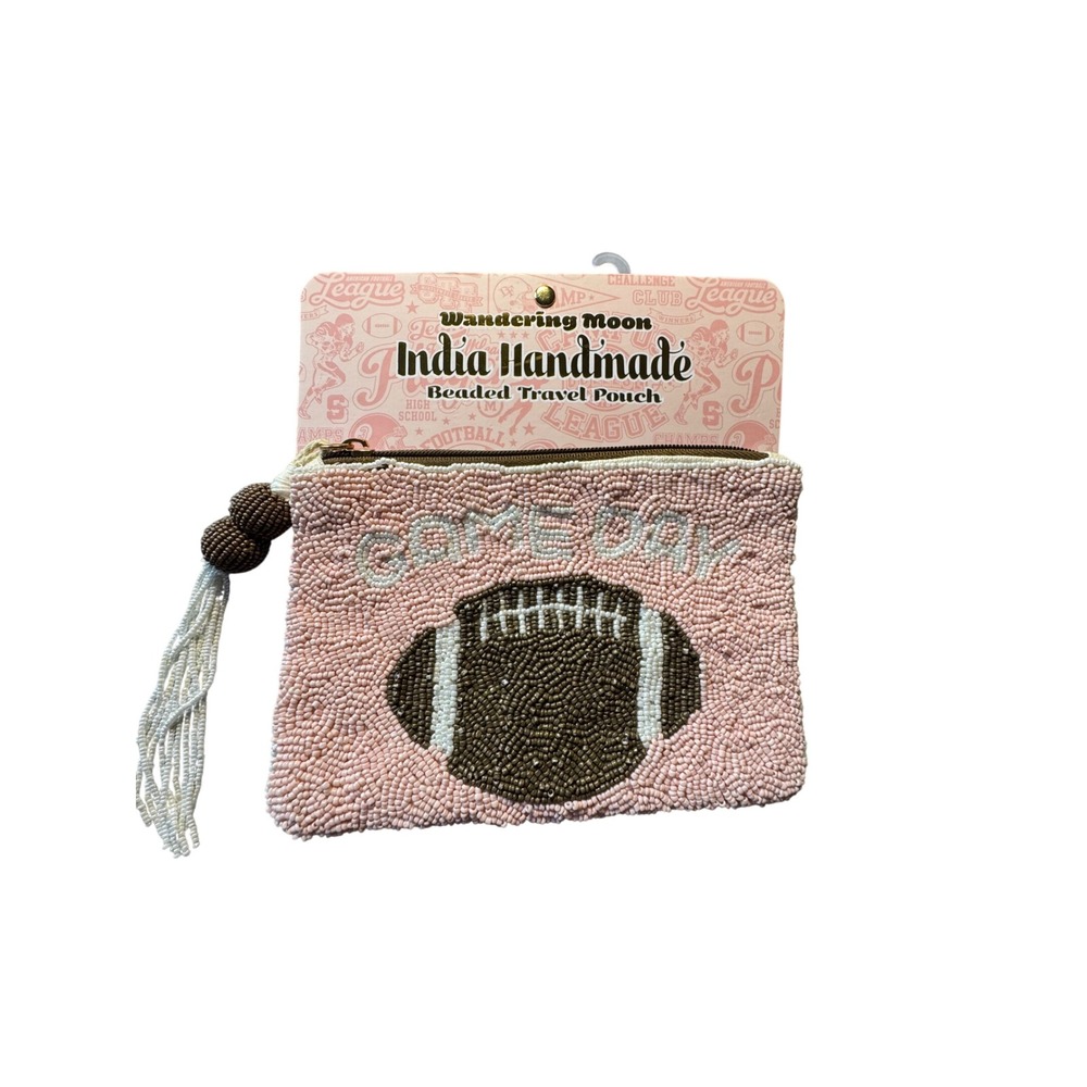 Wandering Moon Game Day Beaded Travel Pouch Pink Football India Handmade NEW